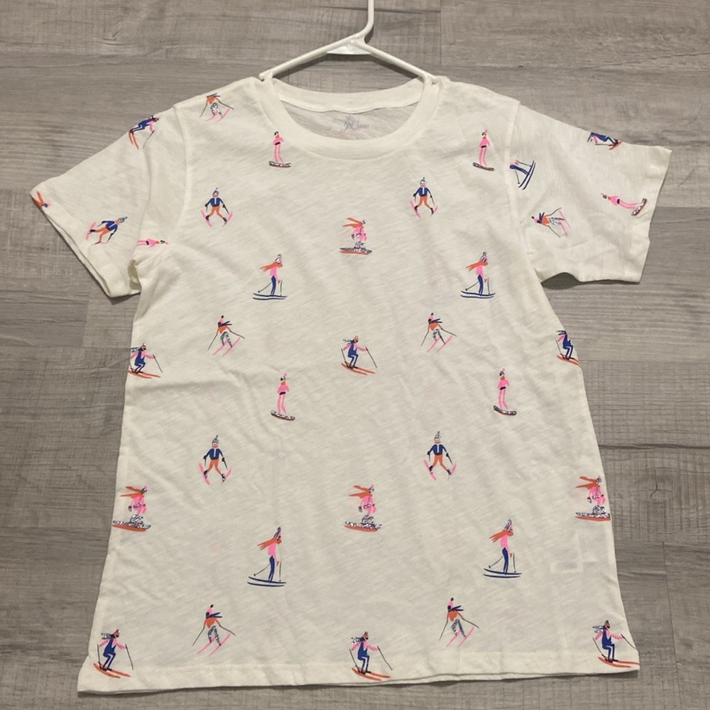 J Crew White T-Shirt with Colorful Skier Print